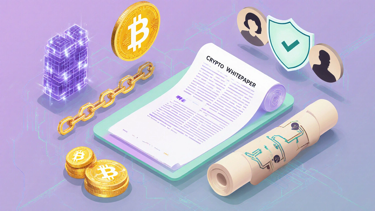 Izometrické zobrazení částí whitepaperu: blockchain, tokeny, roadmapa, tým, audit.