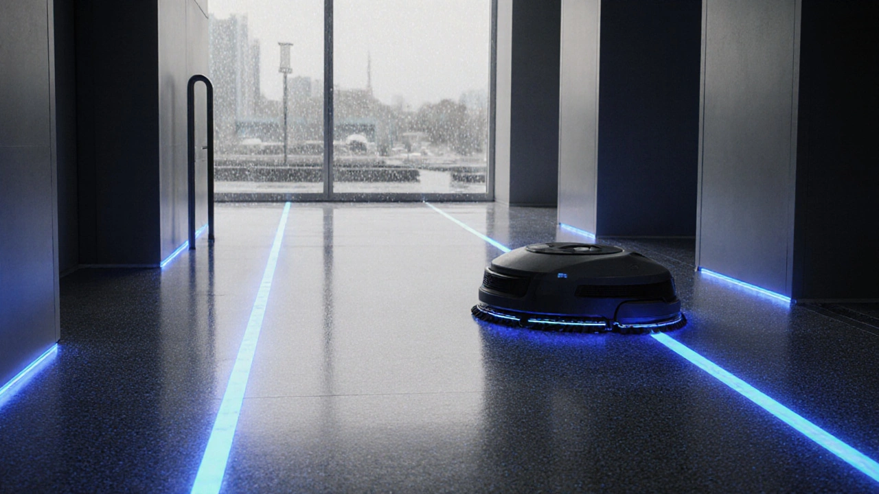 Chytrá vinylová podlaha s detektorem vlhkosti a robotem na čištění v moderní vstupní hale.