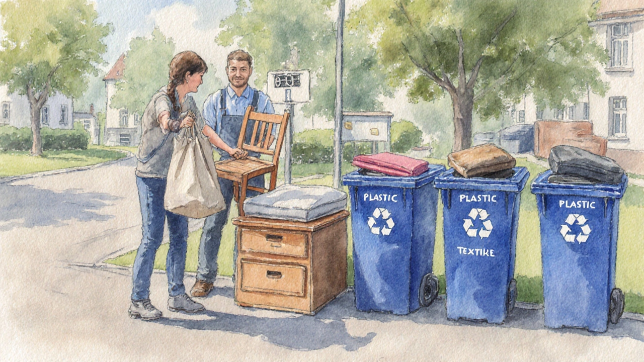 Dobrovolník předává starou židli k recyklaci, vedle třídicích košů.