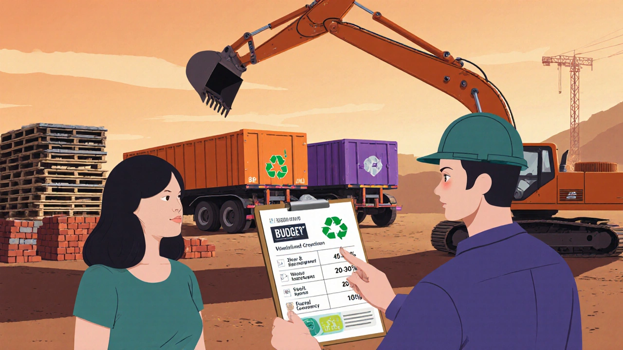 Domácí majitel a dodavatel probírají rozpočet, vedle nakládají recyklovatelné stavební odpady.
