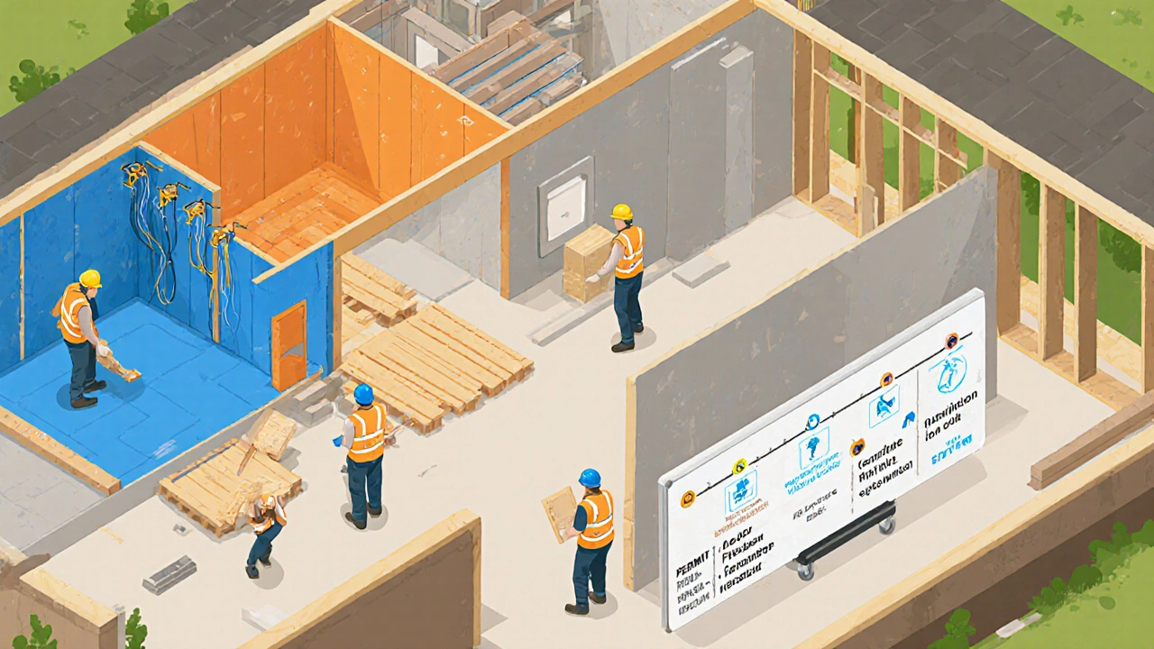 Ilustrace staveniště s barevně rozlišenými zónami pro elektro, instalace a sádrokarton.