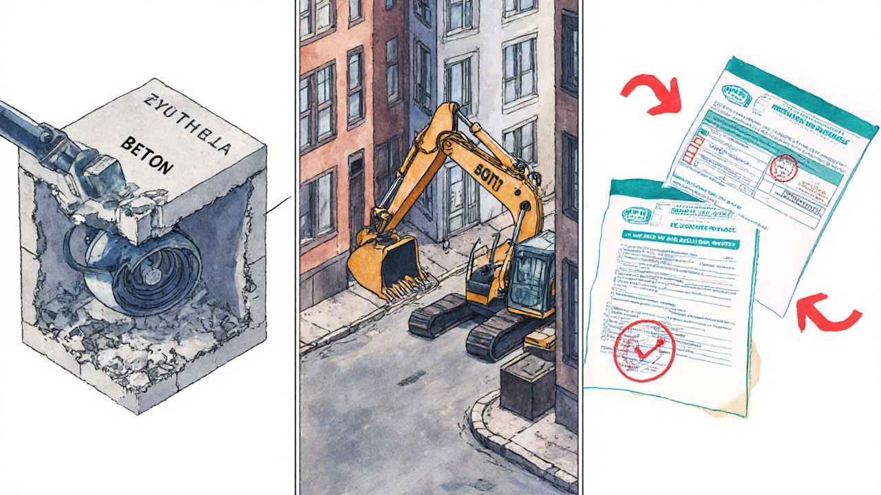 Ilustrace ukazující vliv materiálu, přístupnosti a povolení na cenu demolice v třech panelech.