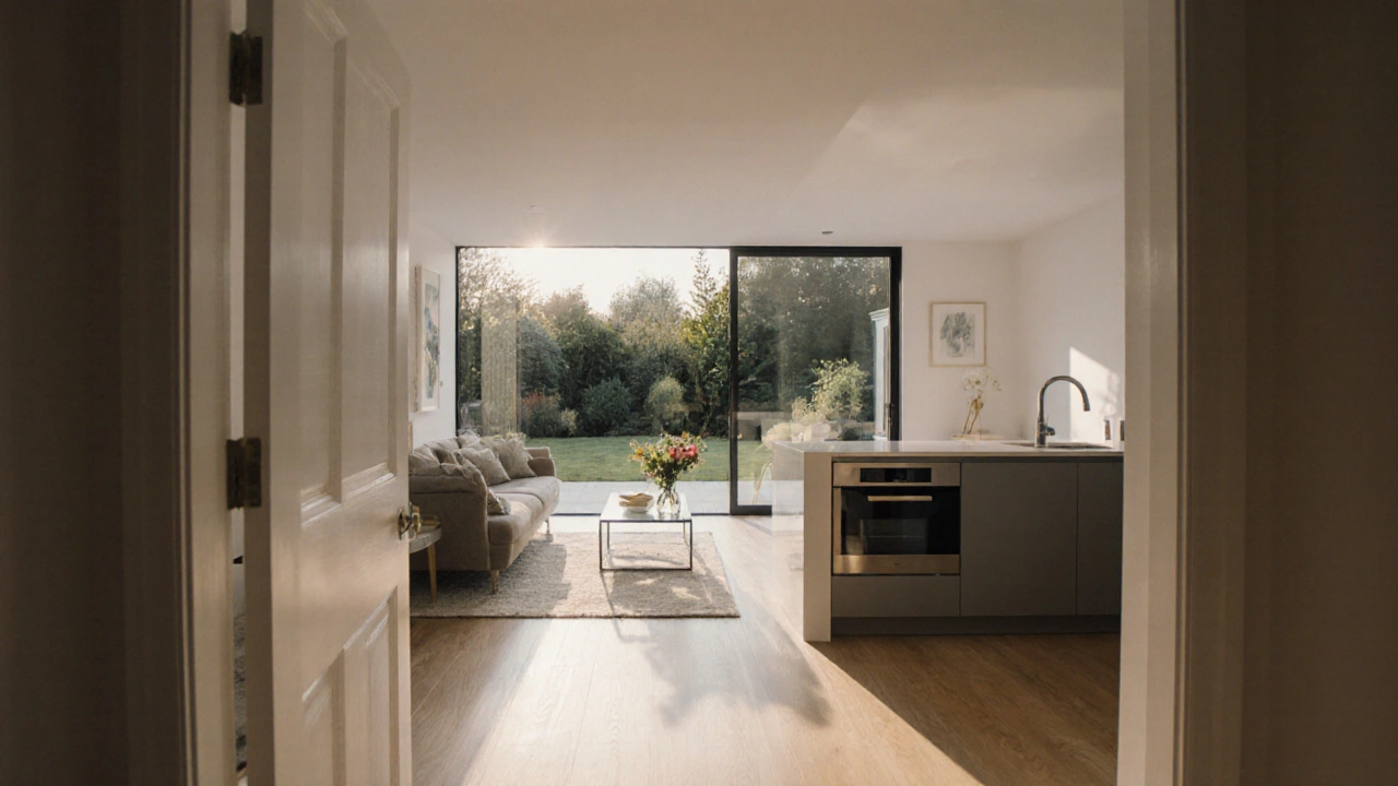 Interiér nově zrekonstruovaného domu s otevřeným prostorem, velkými okny a moderním nábytkem.