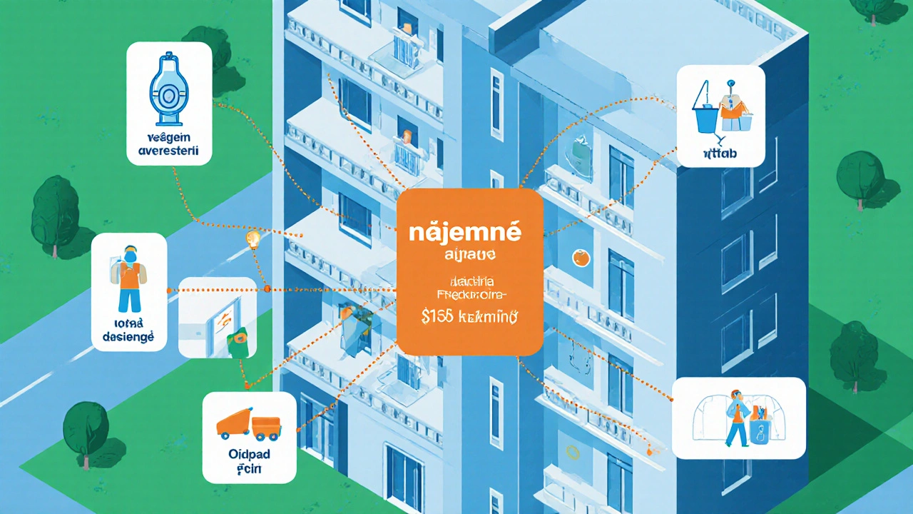 Izometrické zobrazení domu s ikonami vodné, odpad, úklid a výtah zahrnutých v nájmu.
