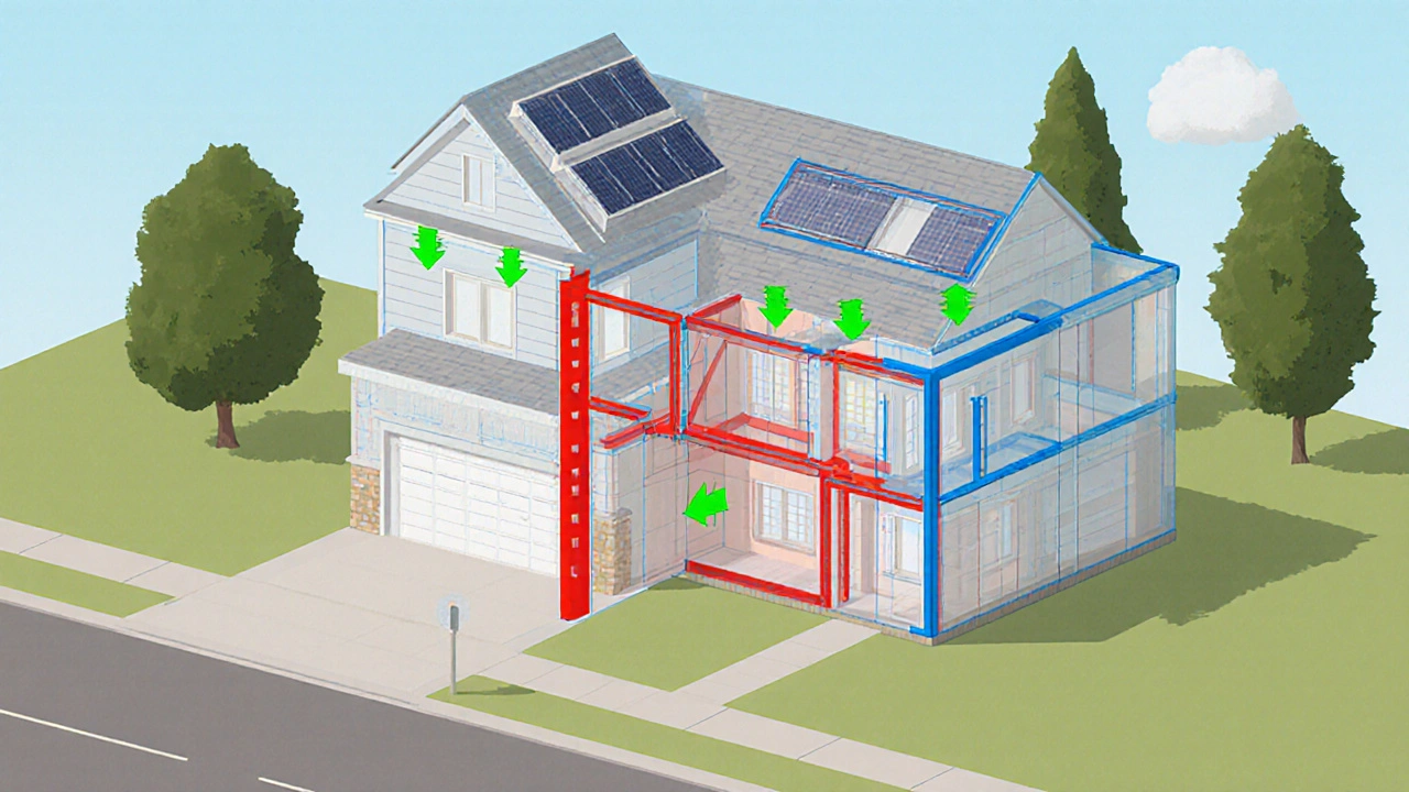 Izometrické zobrazení domu s vyznačenými změnami nosných částí a oken.