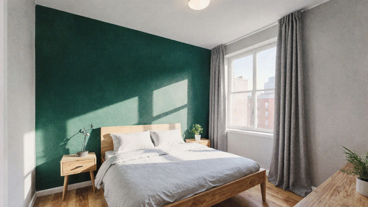 Malý byt s tlumenou smaragdově zelenou akcentní stěnou, světle šedým stropem a dřevěnými detaily.