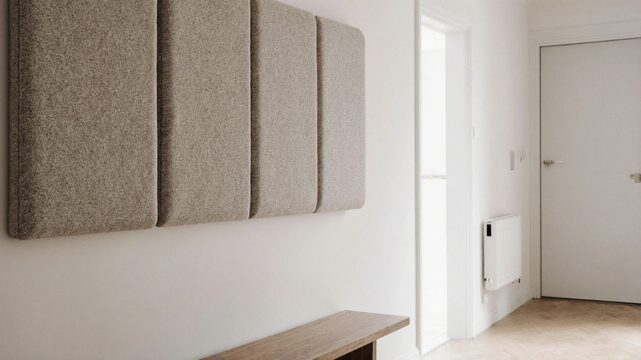 Měkké čalouněné panely nad lavicí v předsíni, odolné proti poškrábání a vypadající luxusně.