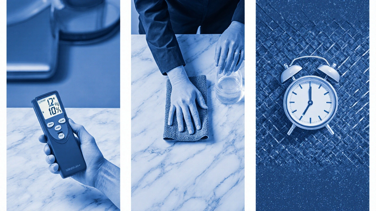 Měřič vlhkosti, mikrovlákno natřené impregnací a sušící podnos na mramorové desce.