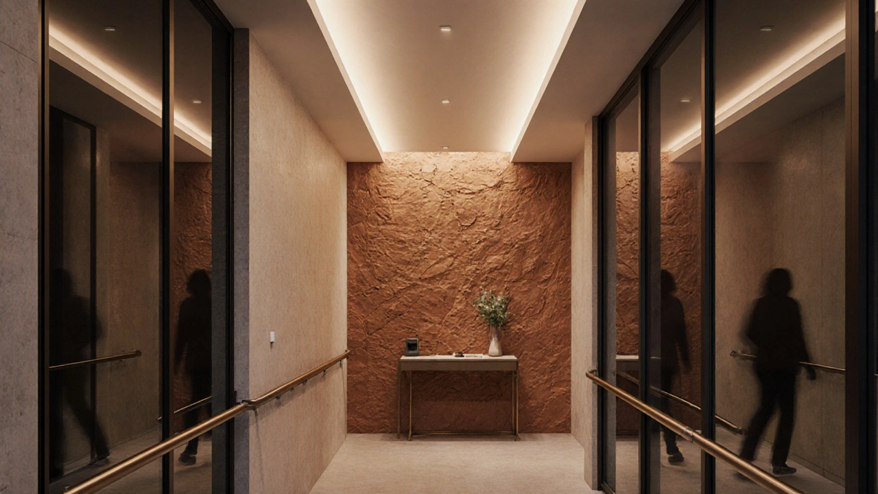 Moderní chodba s terakotovou stěnou a LED osvětlením, které mění teplotu podle chytrého systému.