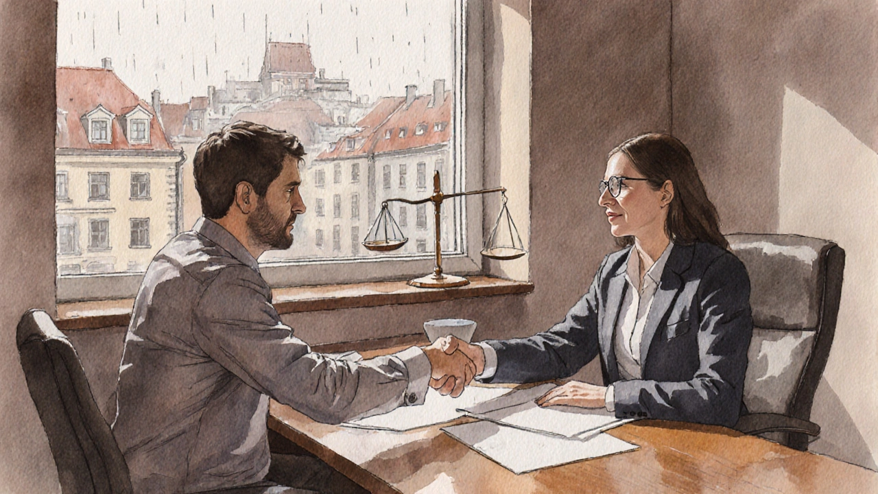 Nájemník v právní poradně jedná s poradcem o nejasných poplatcích, podání ruky.