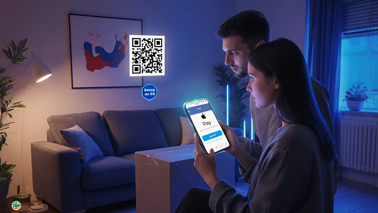 Pár používá Apple Pay a QR kód k nákupu nové pohovky, s úsporným štítkem.