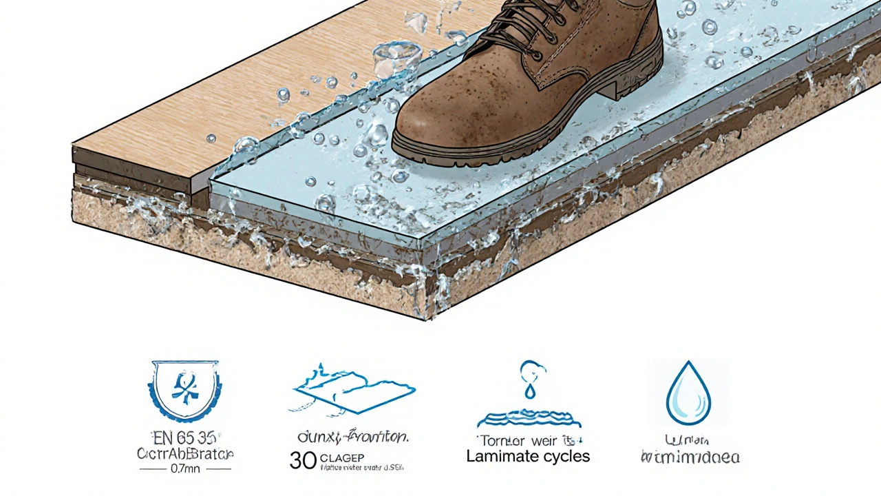 Průřez kvalitní vinylové podlahy s PUR vrstvou, která odolává vodě a škrábancům, v porovnání s poškozeným laminátem.