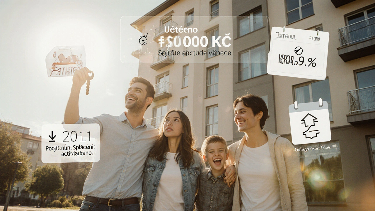 Rodina drží klíče od bytu s přehledem ušetřených peněz a aktivovaného pojištění.