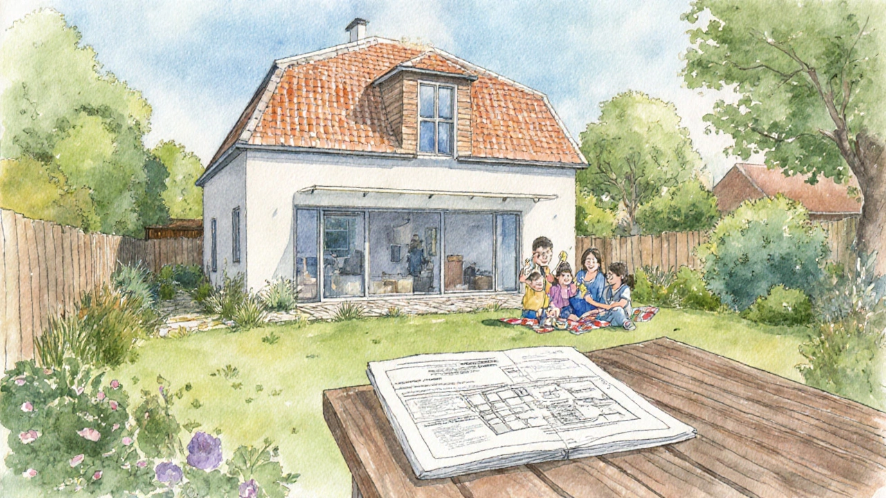 Rodina slaví dokončenou přístavbu s otevřeným povolením na stole.