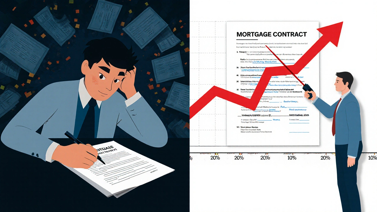 Rozdělený obraz: někdo podepisuje smlouvu bez čtení vs. poradce vysvětluje podmínky.