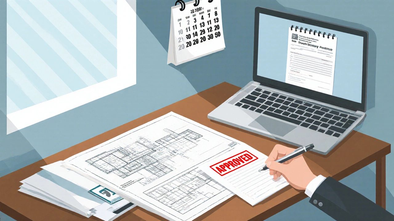 Stůl s dokumenty, razítkem a kalendářem naznačující proces získání povolení.