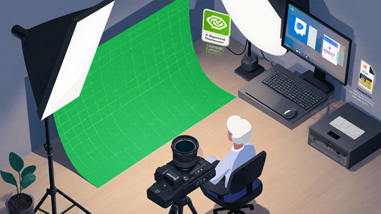 Technické nastavení s kamerou, osvětlením, zeleným plátnem a ikonami videokonferenčních platforem