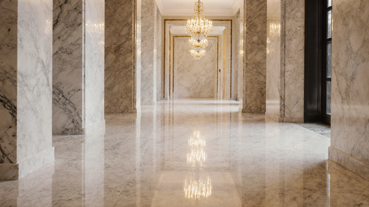 Tři úseky mramorové chodby – matný, pololesklý a plně lesklý – pod zlatým osvětlením.