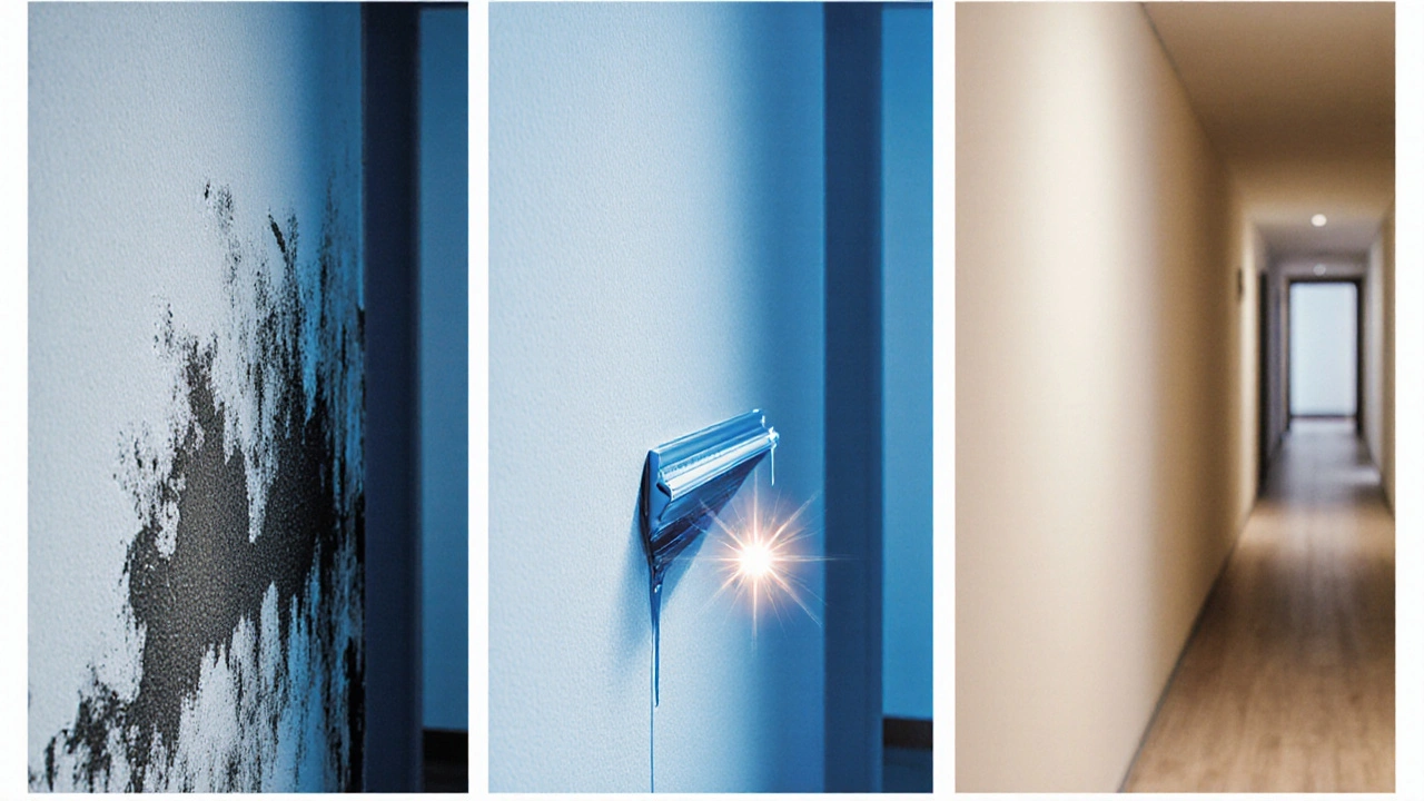 Tříčástní vizualizace obnovy stěny: plíseň, penetrační nátěr a konečná protiplísňová barva.