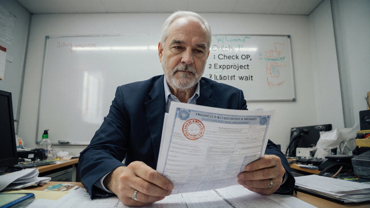 Úředník kontroluje stavební žádost v kanceláři úřadu.