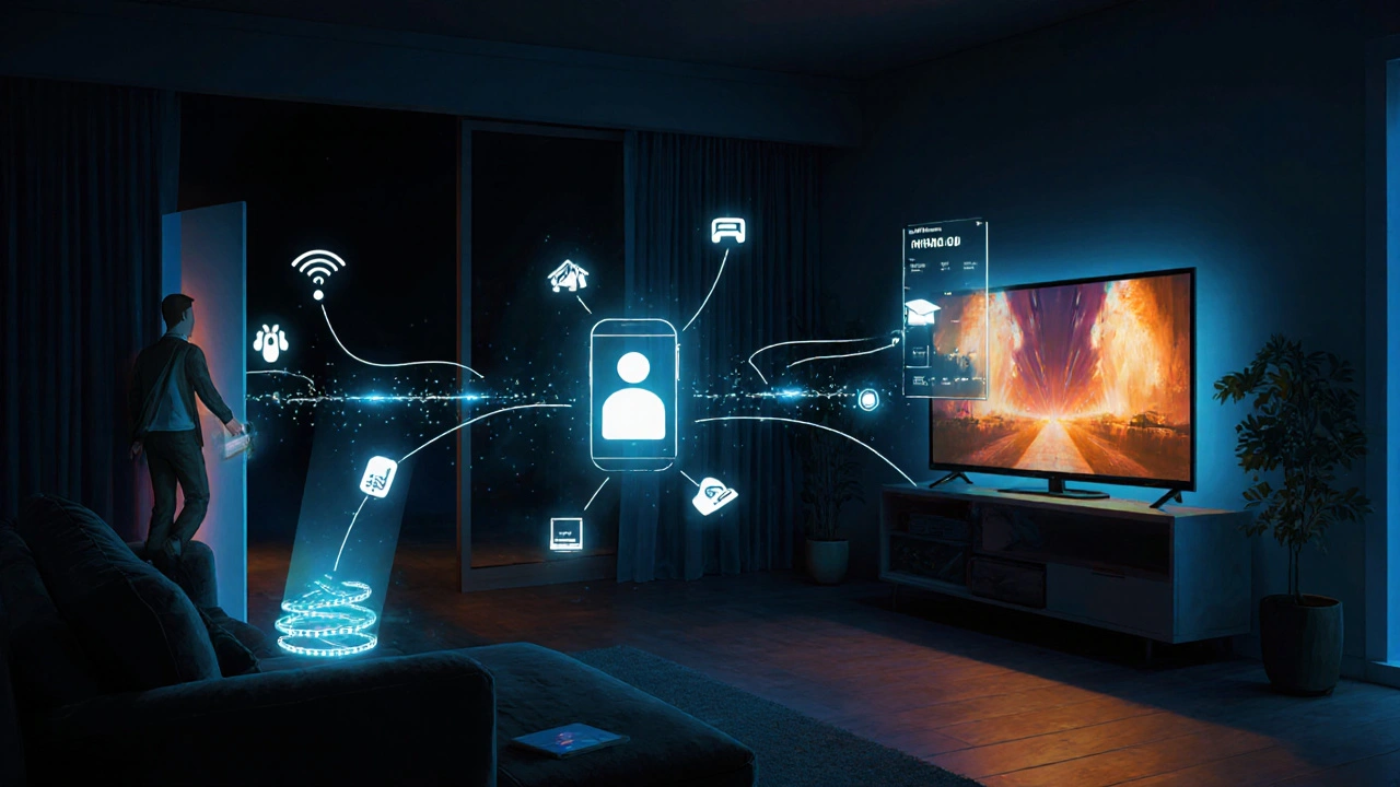 Abstraktní znázornění prediktivního chytrého domu, kde se světlo a média zapínají automaticky.