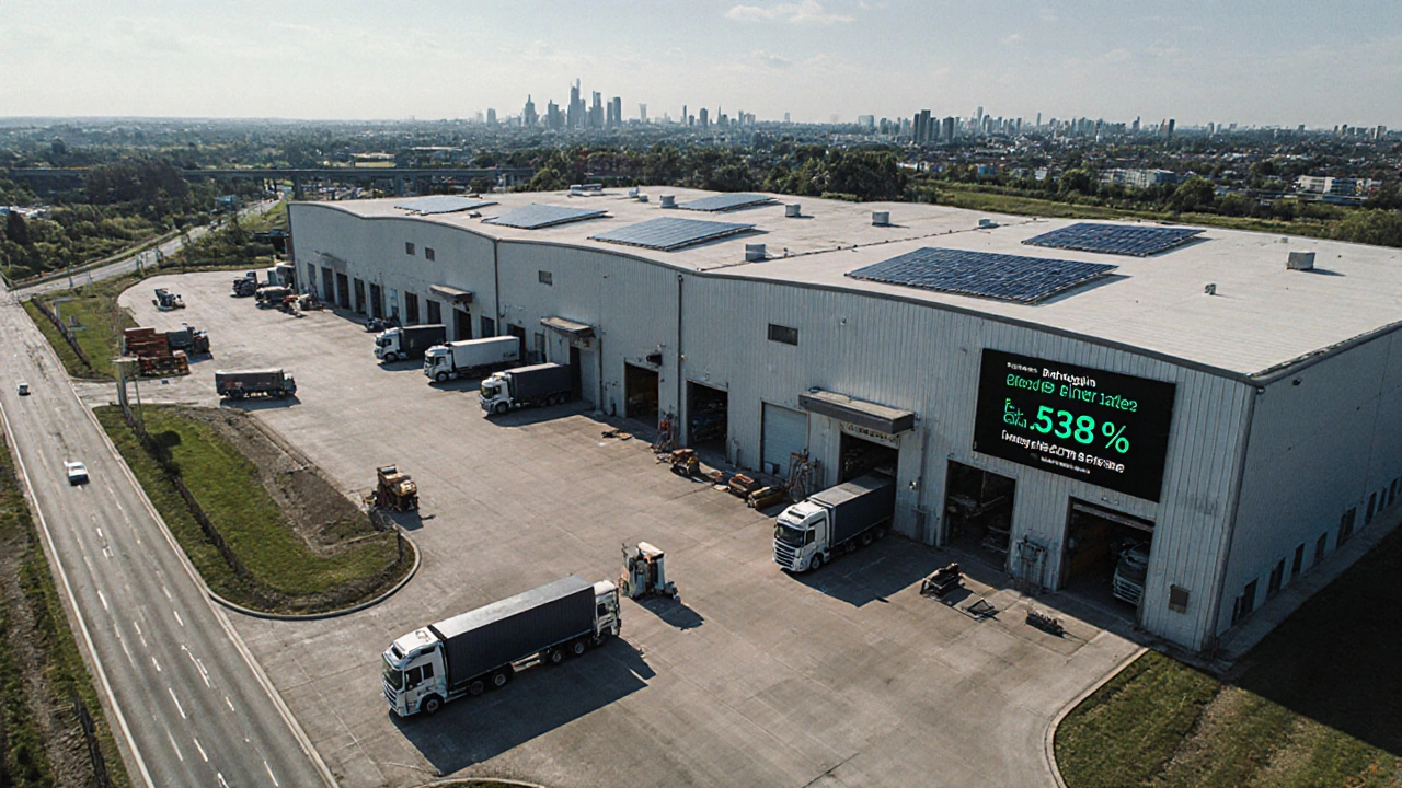 Aerial view of a busy logistics center with trucks and solar panels, representing growing industrial real estate in Czechia.