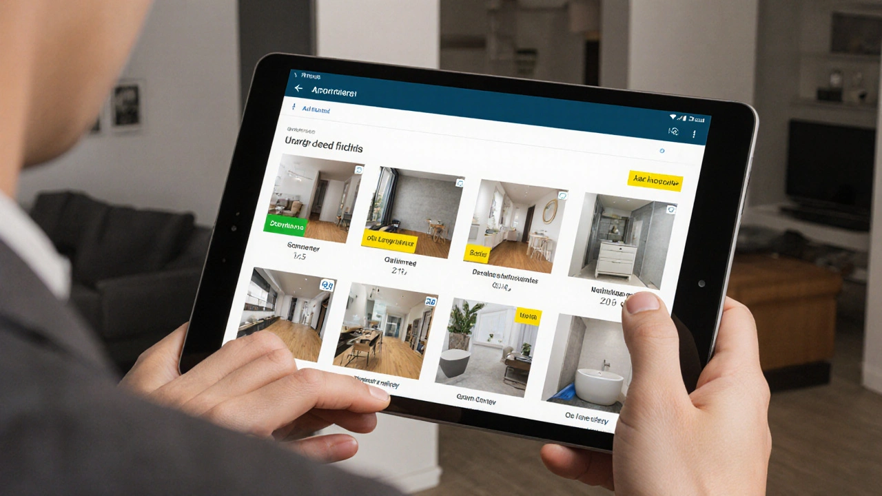AR app interface showing customizable apartment finishes with color-coded costs.