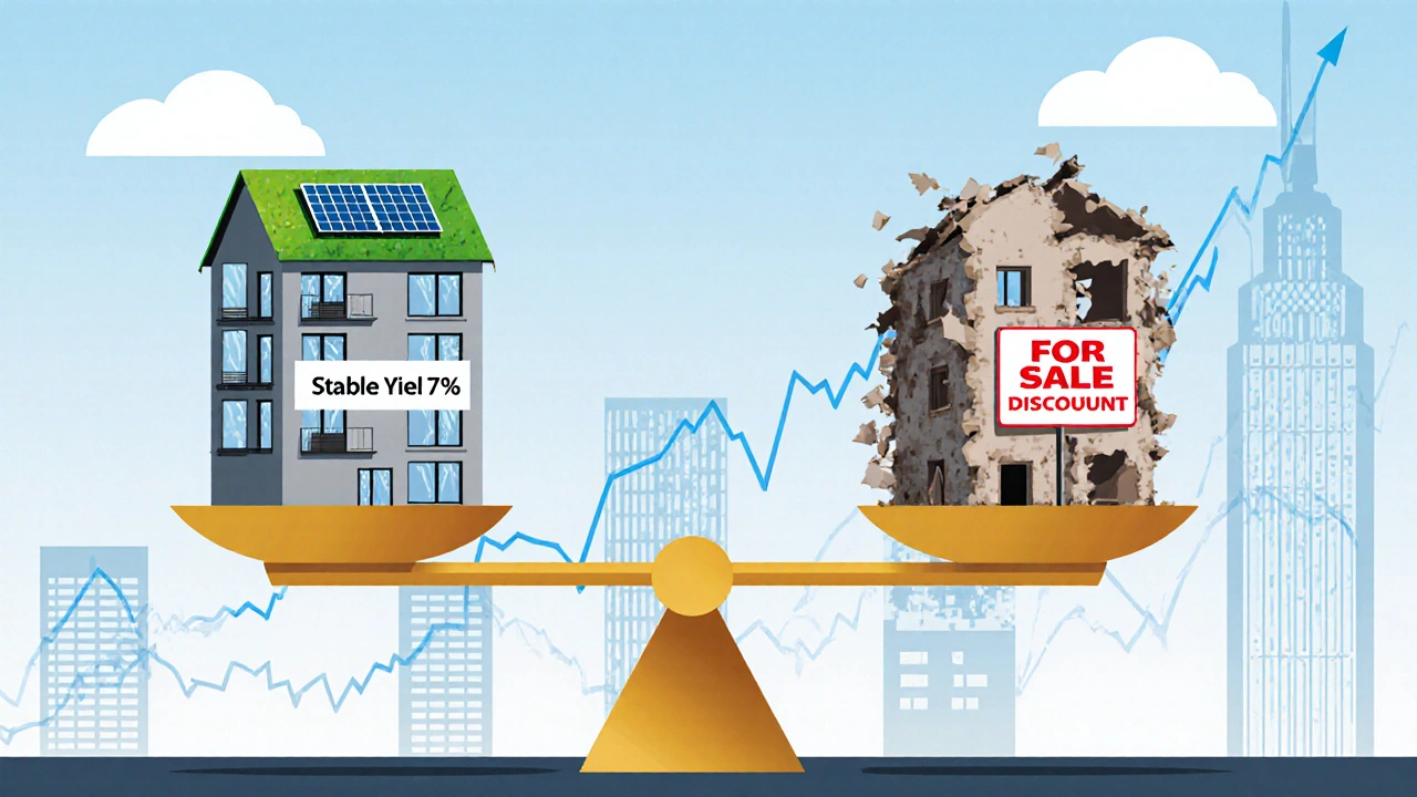 Balanced scale comparing a sustainable apartment with high yield against a depreciating old building, illustrating smart investment.