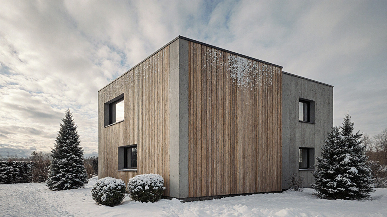 Česká fasáda domu s odolnými betonovými obklady imitujícími dřevo a lehkým sněhem.