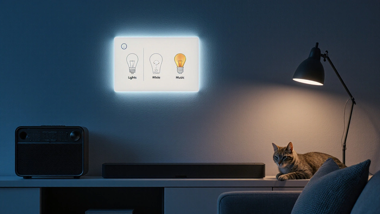 Chytrý ovládací panel a barvou měnící se žárovka v moderním obývacím pokoji.