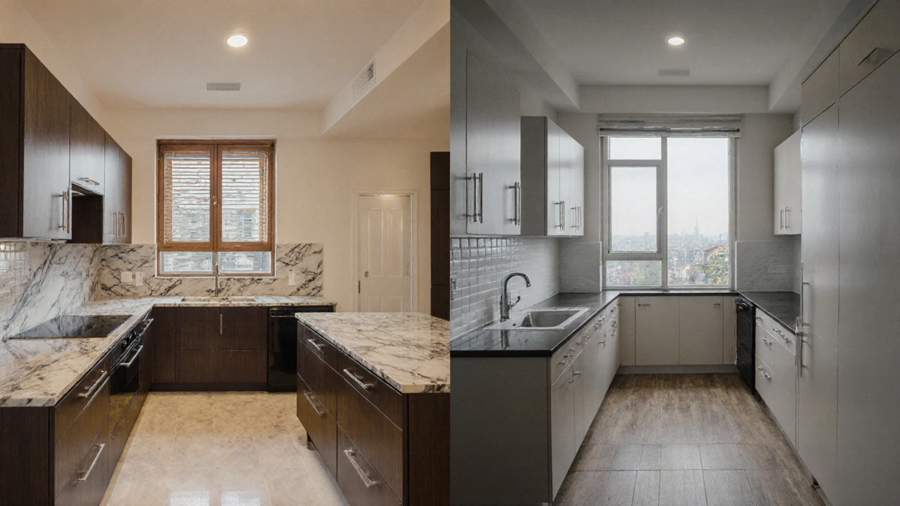 Contrast between luxury display and basic finishes in identical apartment layout.