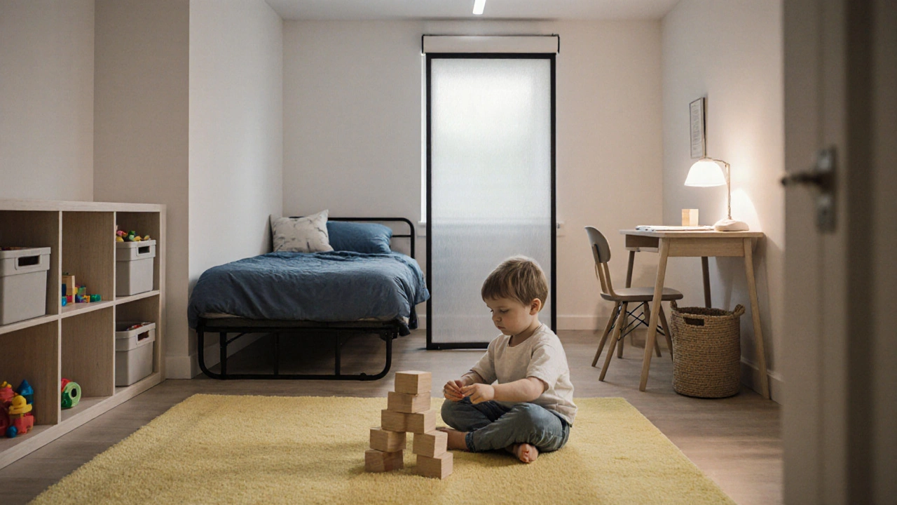 Dítě hraje na měkkém koberci v malém bytě, vedle něj postel a pracovní stůl v moderním stylu.
