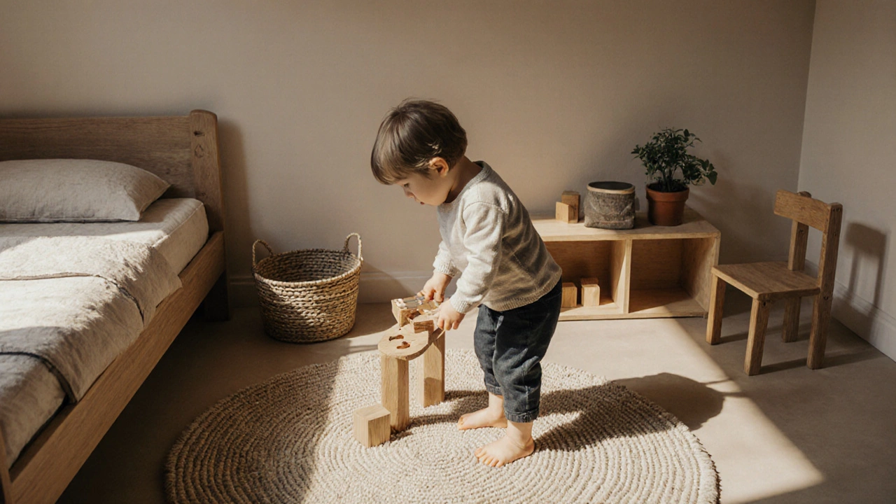 Dítě si vybírá dřevěnou hračku z nízké police v klidném, minimalistickém pokoji.