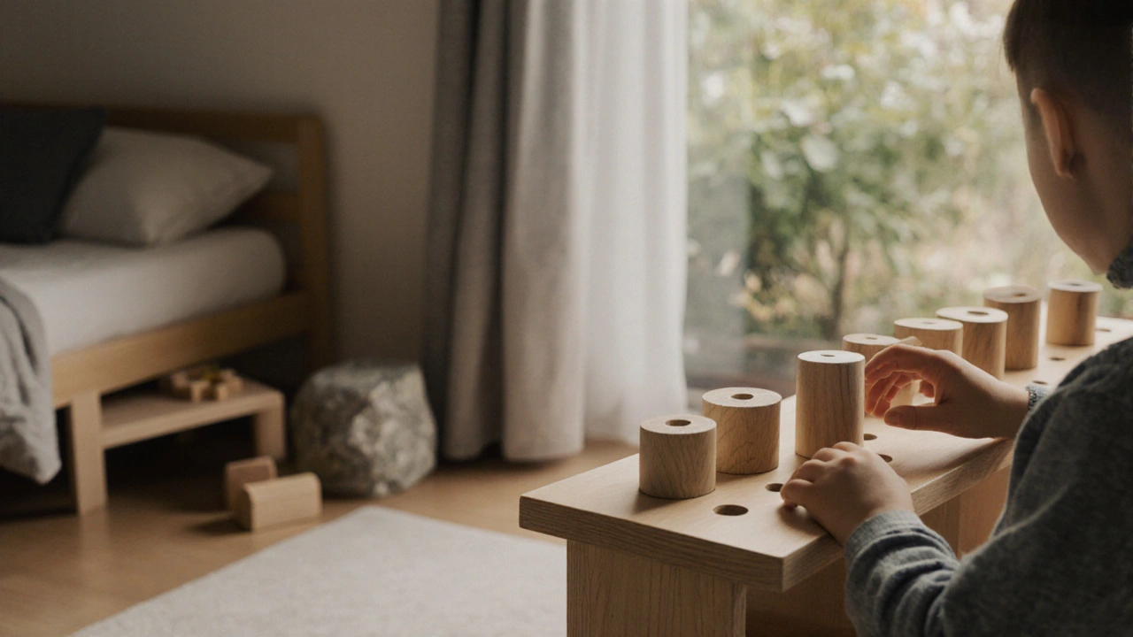 Dítě ukládá dřevěný válec zpět na poličku, symbolizující samostatnost a pořádek.