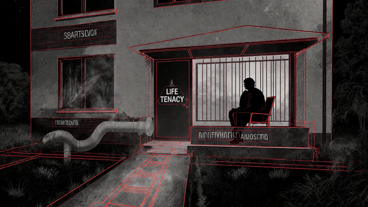 Dům s průhlednými věcnými břemeny: cesta, potrubí a právo na dožití překryté na fasádě.