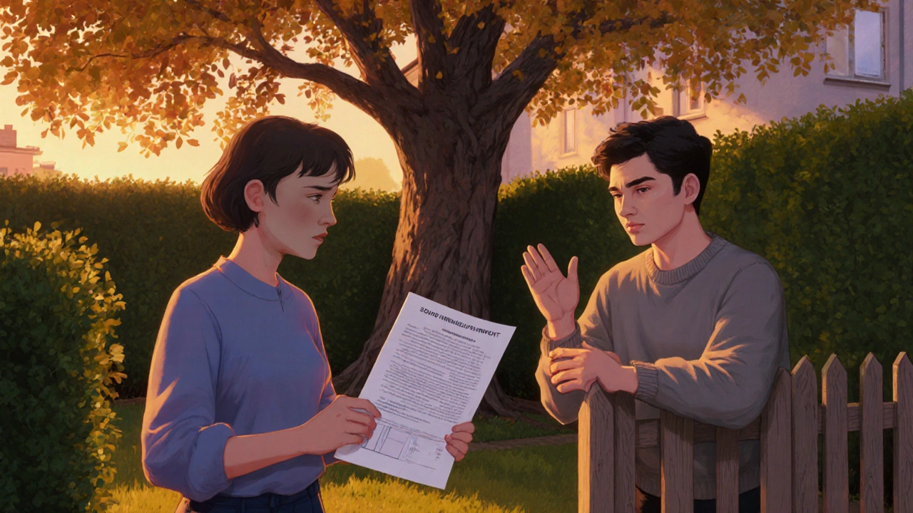 Dva sousedé se hovoří v zahradě, jeden drží měření hluku, druhý reaguje s lítostí, ve pozadí strom a večerní světlo.