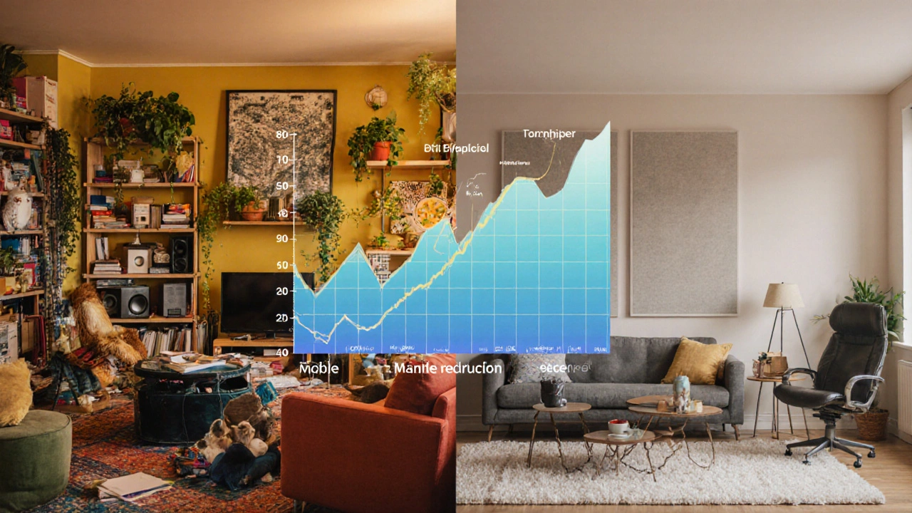 Dvě strany jednoho pokoje: chaos na levé, klid na pravé straně, symbolizující přechod od stresu k odpočinku.