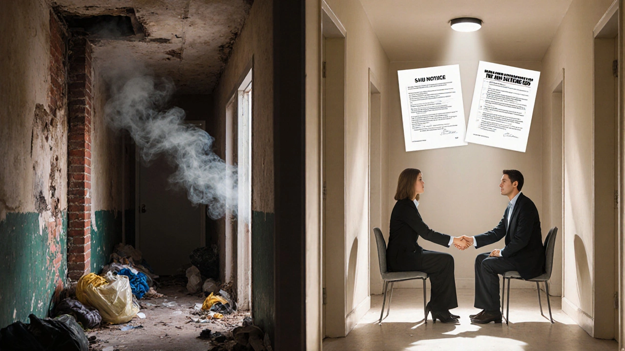 Dvě verze chodby: jedna špinavá a chaos, druhá čistá a klidná, s mediátorem mezi sousedy, kteří si podávají ruce.