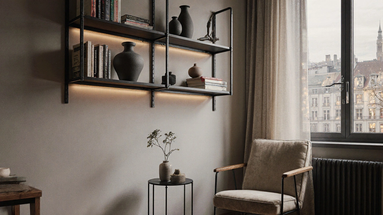 Industriální kovové police na zdi s knihami a keramikou vedle křesla s vlněným potahem v malém bytě.