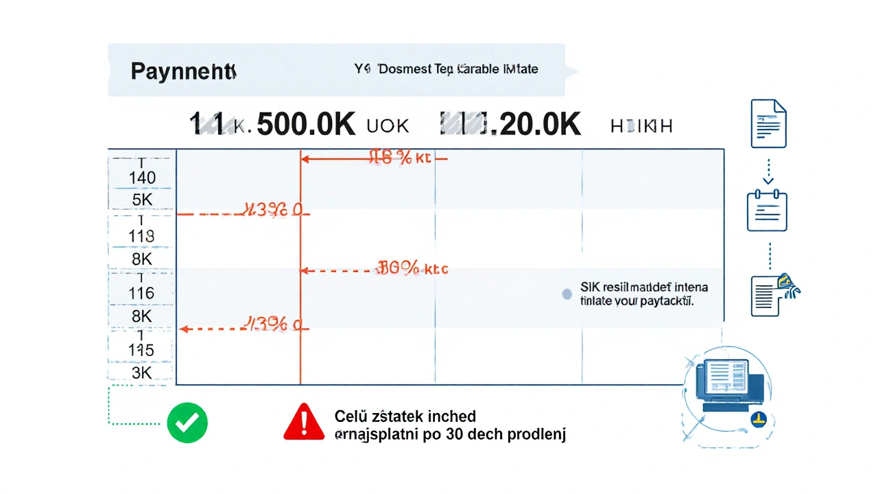 Kalendář splátek s 10 měsíčními platbami a výraznou klauzulí o ihned splatném celém dluhu.