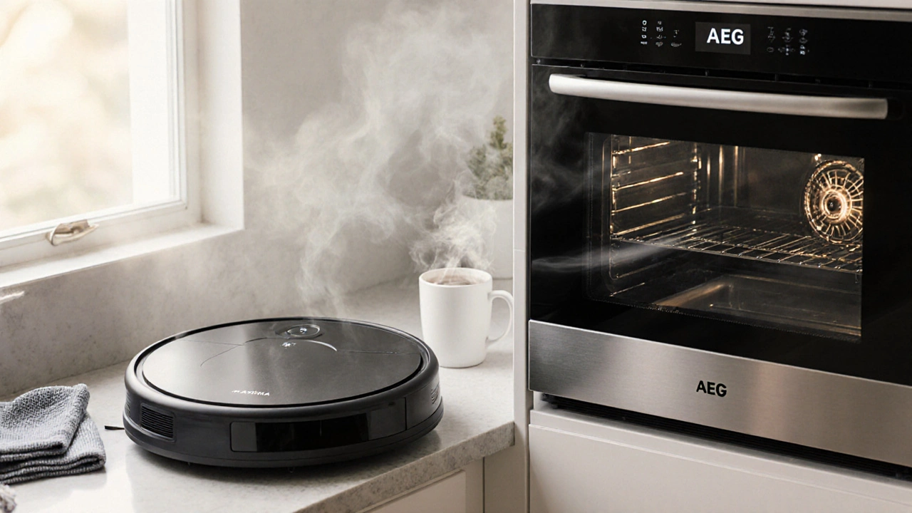 Kompaktní kuchyňský robot a chytrá trouba na stole s párou a přirozeným světlem.