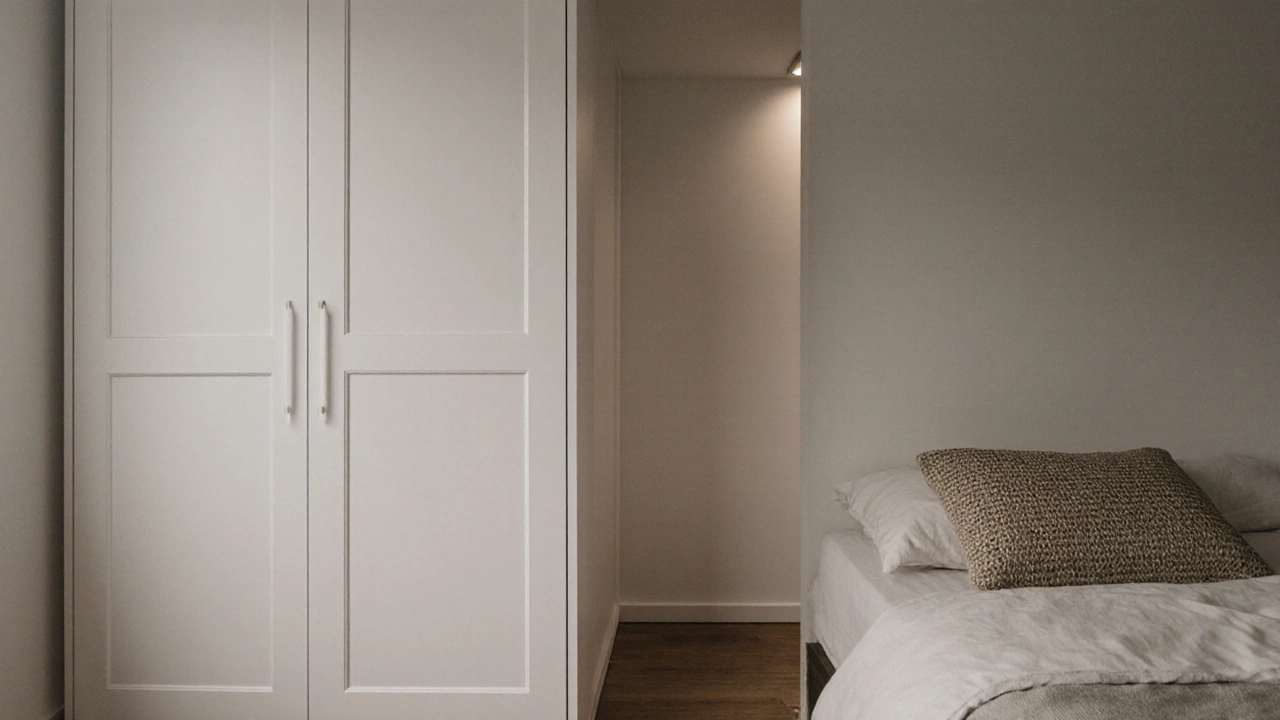 Kout ložnice s uzavřenou skříní, jedním polštářem a žádným dekorativním předmětem — čistota a klid.