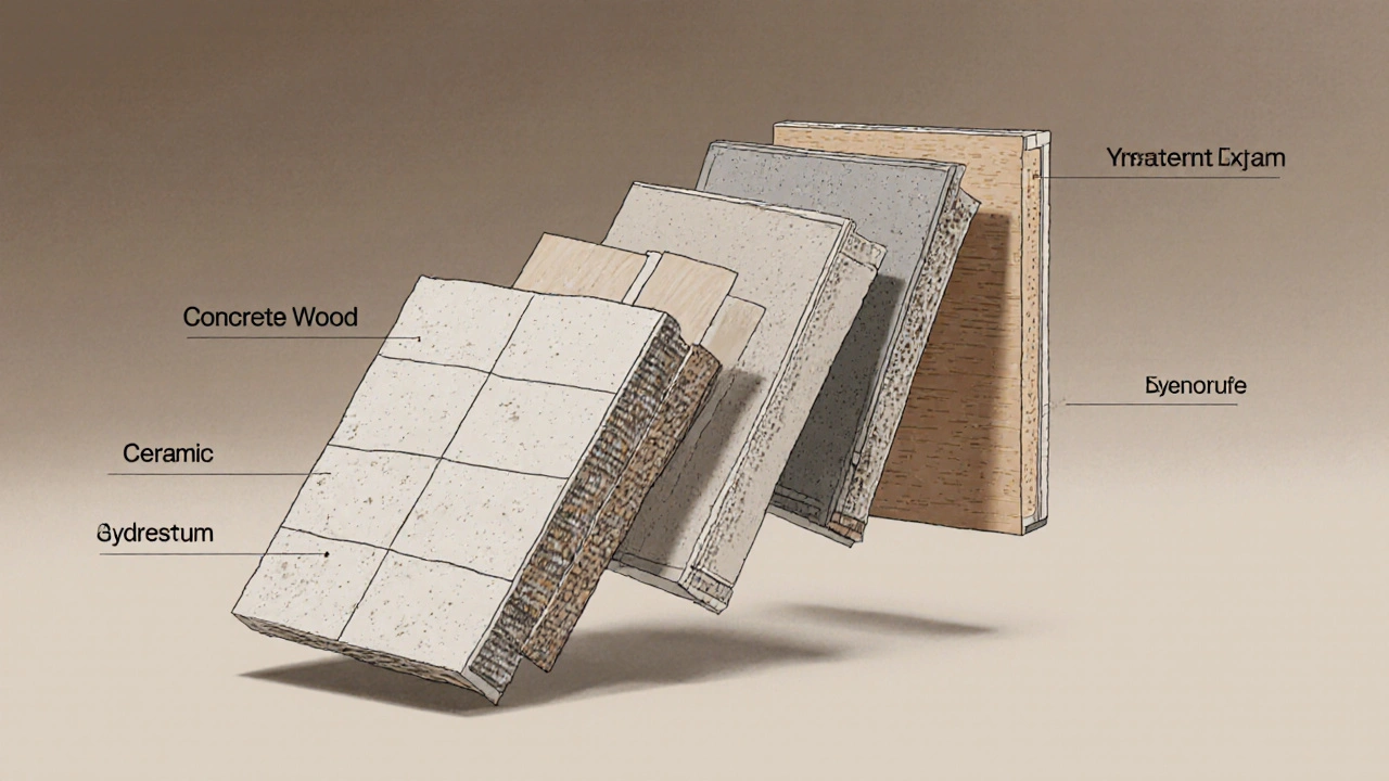 Křížový řez čtyř typů obkladů: beton, keramika, sádra a samolepící panely, vizuální porovnání.