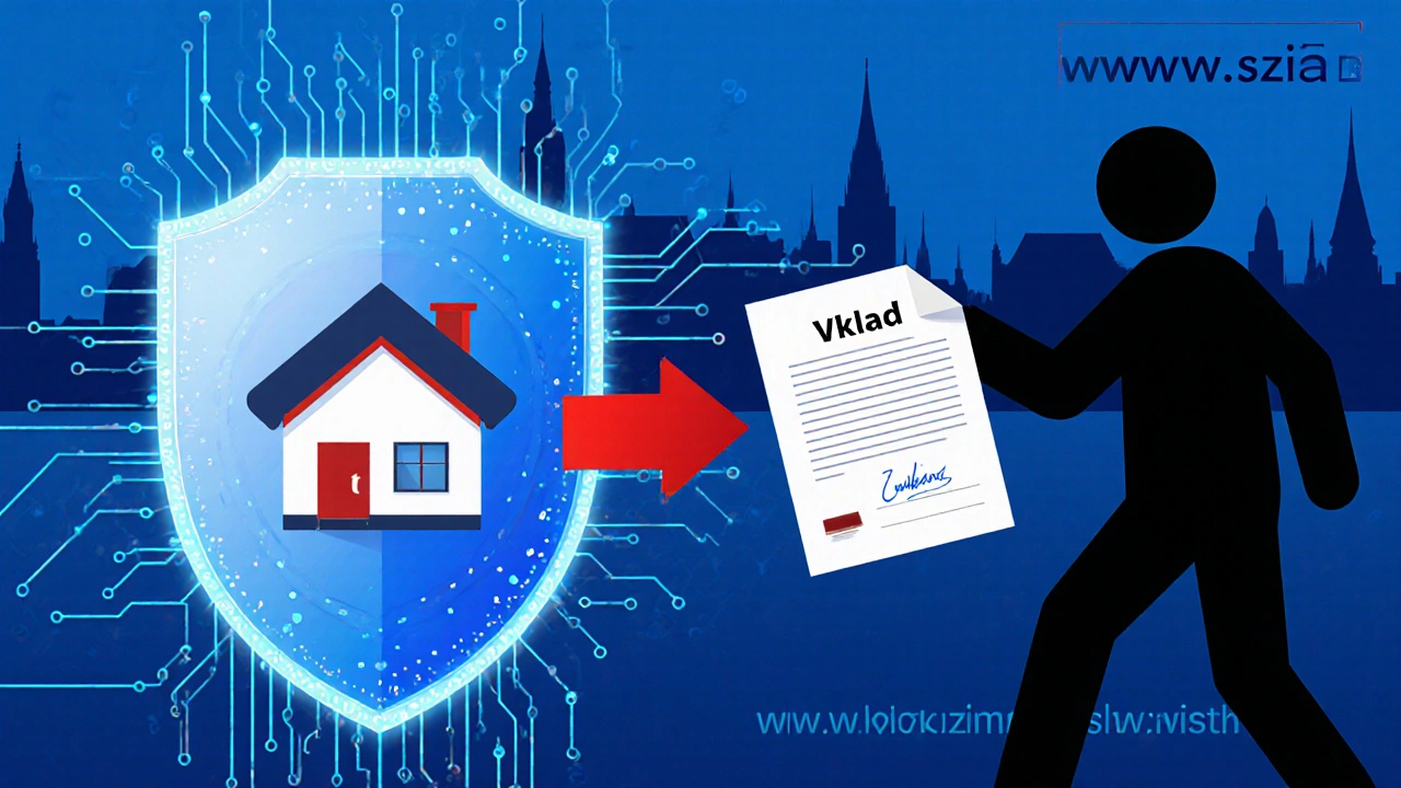 Krycí štít chrání dům před podvodníkem, který se snaží podvrhnout podpis.