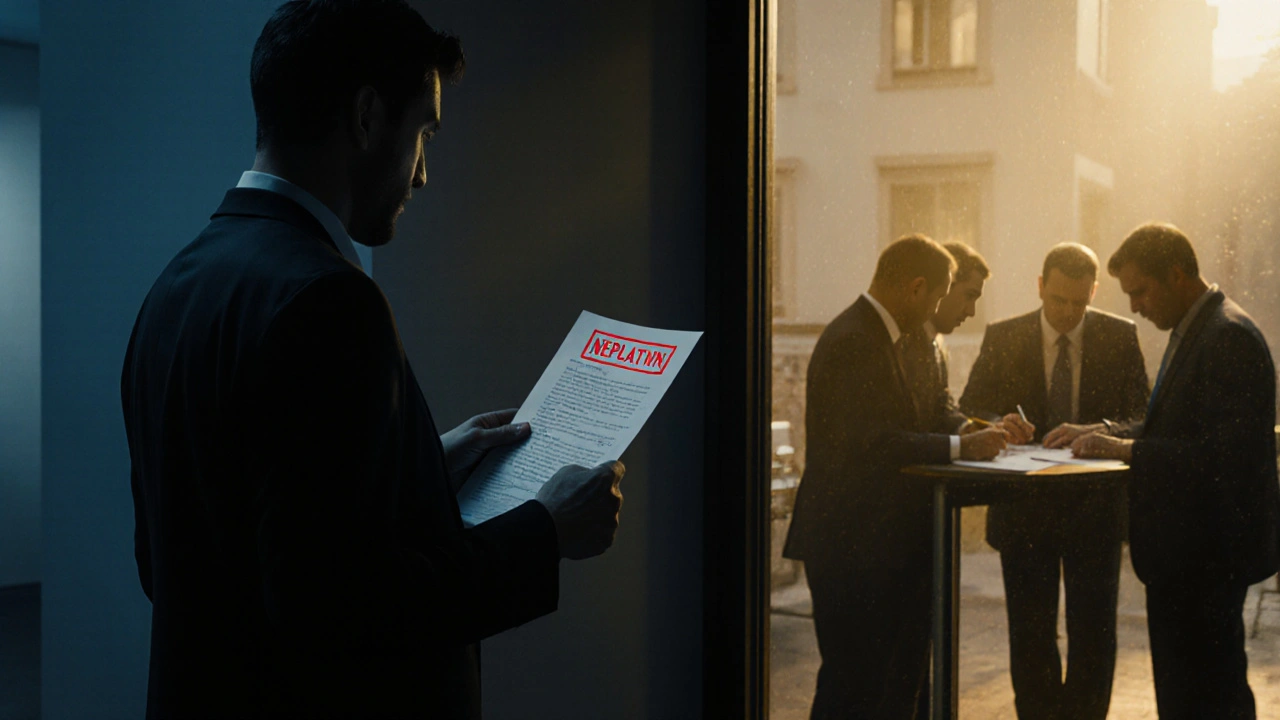 Kupující drží neplatnou dvoustrannou smlouvu v temné kanceláři, zatímco jinde probíhá bezpečný podpis.