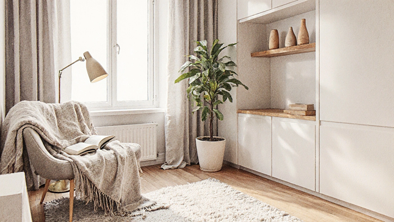 Malý obývací pokoj s vymezenými zónami, textilními povrchy a jednou rostlinou, vytvářející klidnou atmosféru.