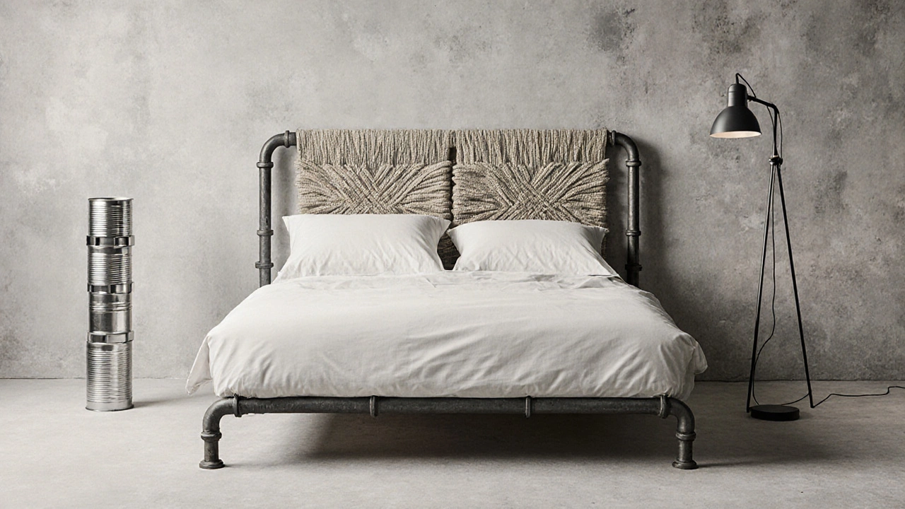 Minimalistická ložnice s nábytkem z recyklovaného kovu a textilních odpadků.