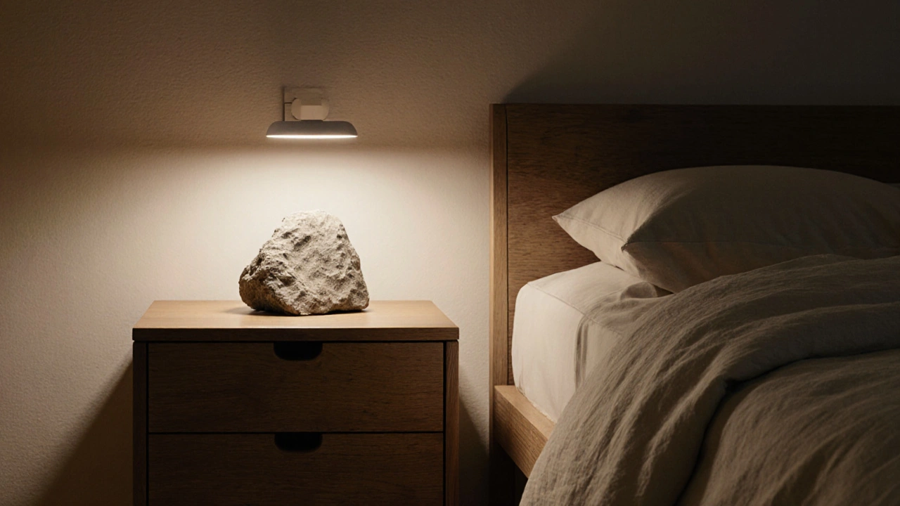 Moderní ložnice s přírodními materiály, tichým osvětlením a jemnými texturami — příklad měkkého minimalismu.