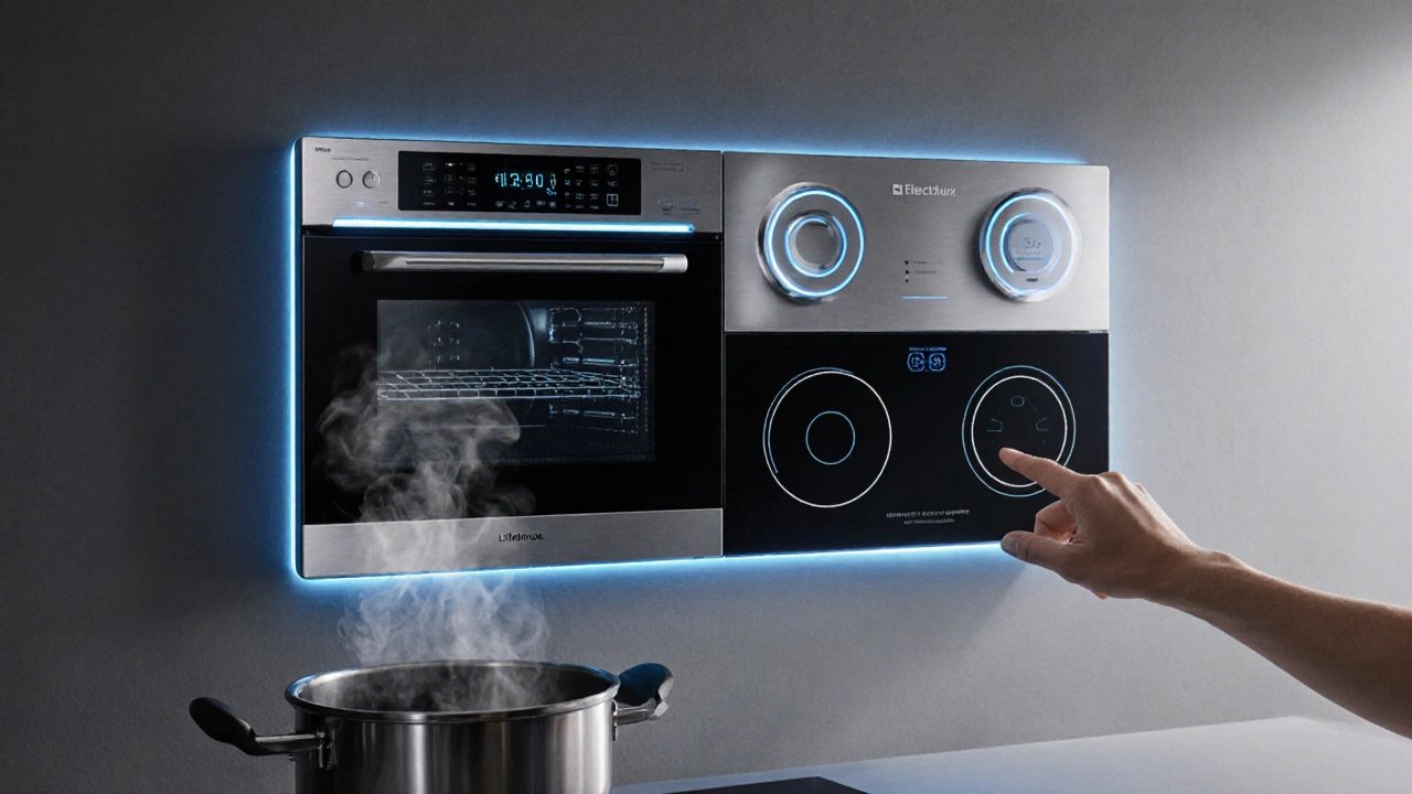 Modulární kuchyňský systém 2025 s integrovanými spotřebiči na zdi, digitální rozhraní.