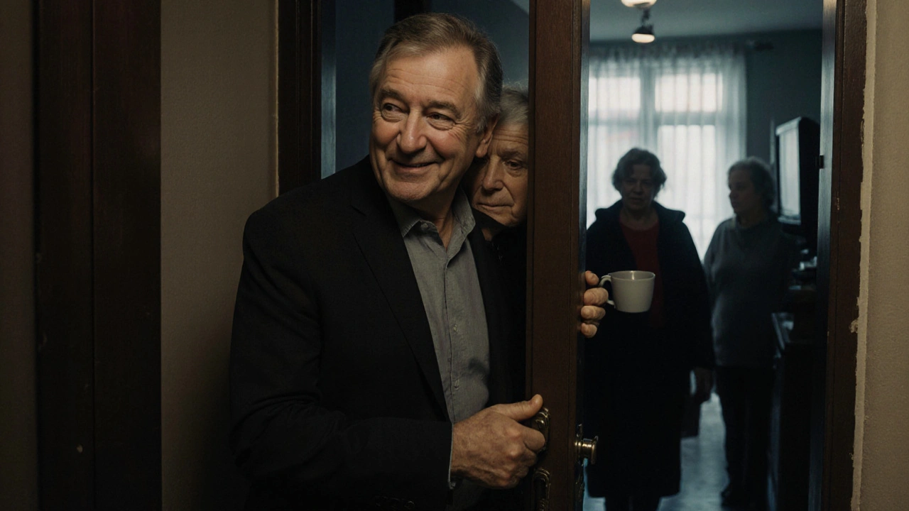 Muž zaklepává na dveře bytu, stará žena se dívá z úzké štěrbiny.